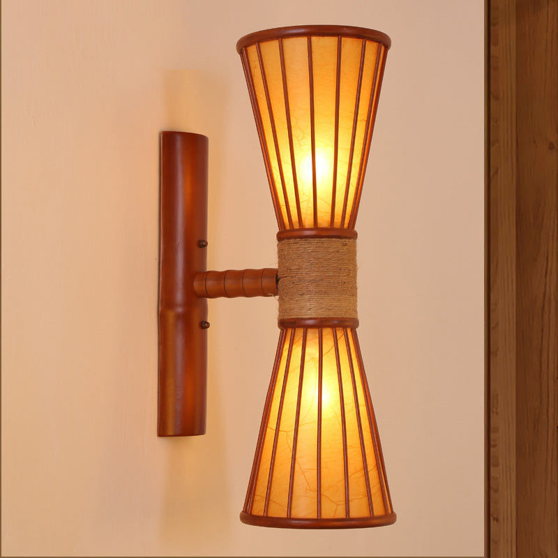 Asian Style Wall Mounted Bamboo Lamps With 2 Heads For Restaurants: Red Brown Hourglass Design