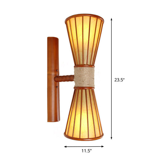 Asian Style Wall Mounted Bamboo Lamps With 2 Heads For Restaurants: Red Brown Hourglass Design