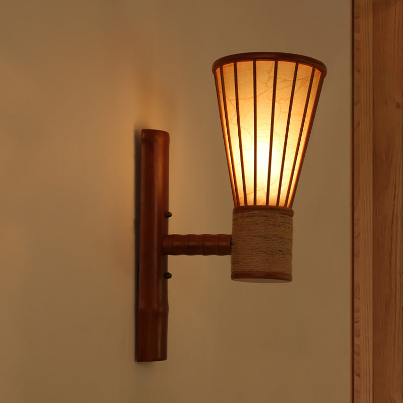 Asian Style Bamboo Wall Mounted Light Fixture - Wide Flare Lamp Sconce Red Brown Single Head Perfect