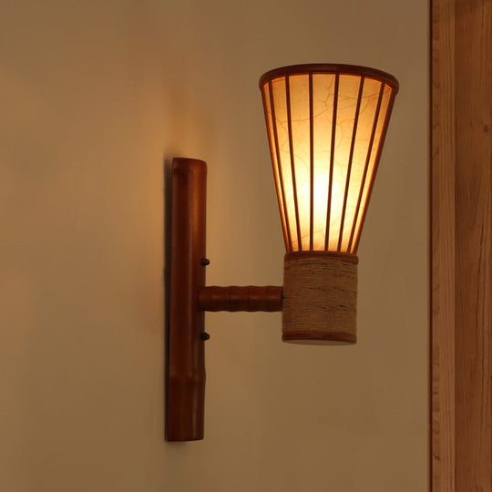 Asian Style Bamboo Wall Mounted Light Fixture - Wide Flare Lamp Sconce Red Brown Single Head Perfect