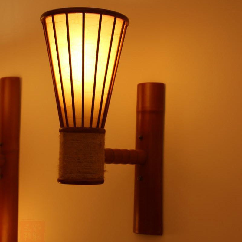 Asian Style Bamboo Wall Mounted Light Fixture - Wide Flare Lamp Sconce Red Brown Single Head Perfect