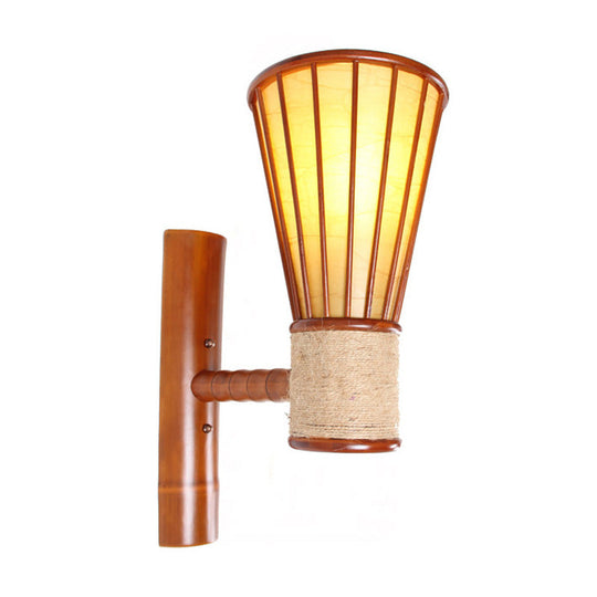 Asian Style Bamboo Wall Mounted Light Fixture - Wide Flare Lamp Sconce Red Brown Single Head Perfect