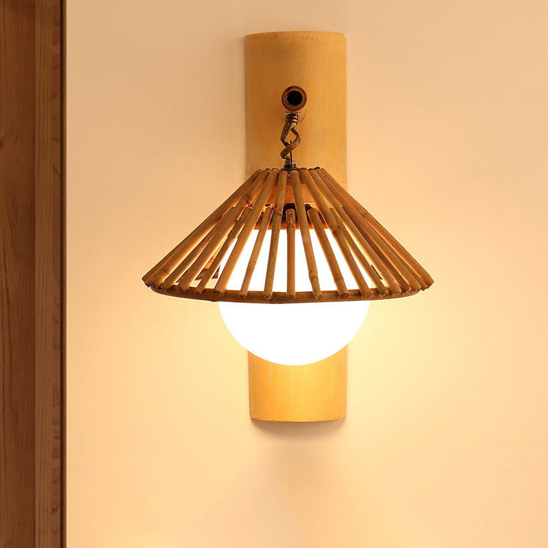 Conical Bamboo Wall Sconce - Asian Style Wood Lamp With Global White Glass Shade