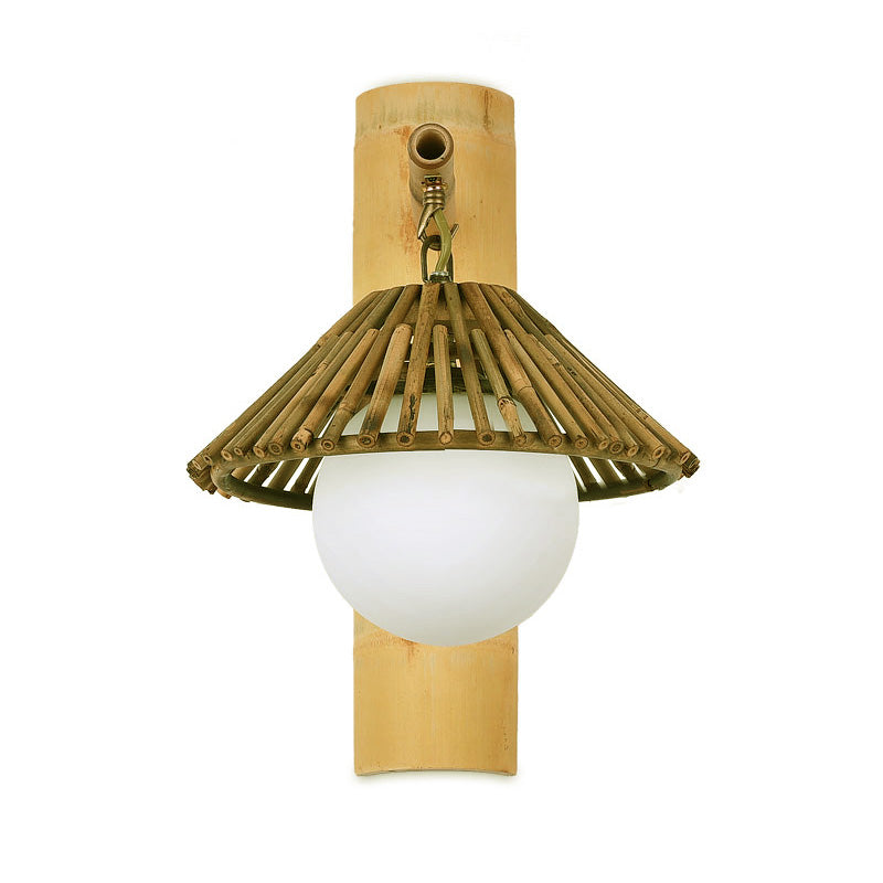 Conical Bamboo Wall Sconce - Asian Style Wood Lamp With Global White Glass Shade