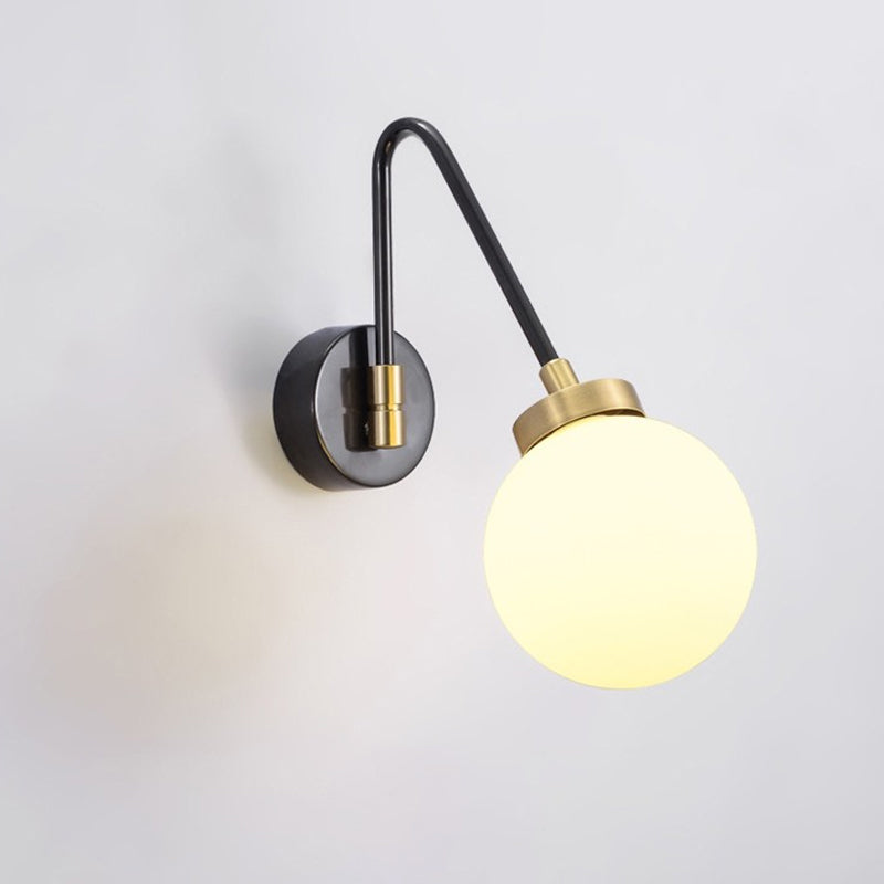 Minimalist White Glass Sconce Wall Light With Angled Black-Gold Arm