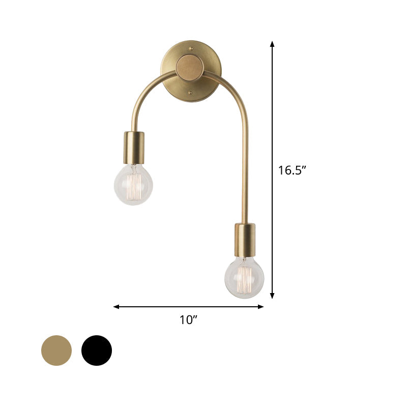 Sleek Iron Wall Mounted Lamp - Minimalist 2-Light Black/Gold Sconce With Bare Bulb Design