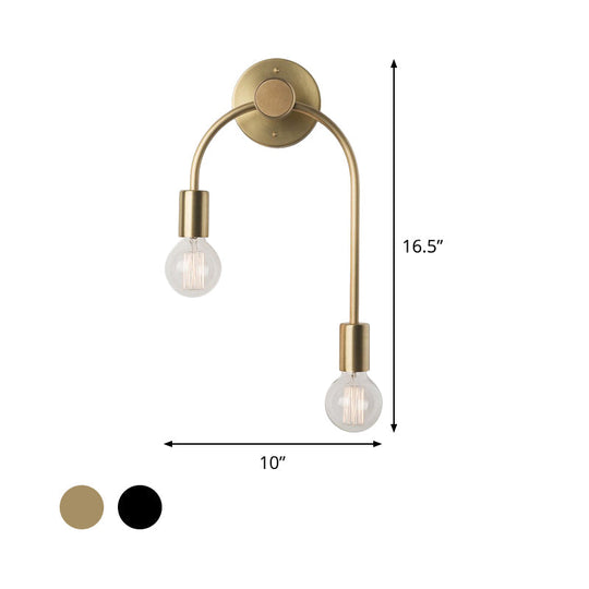 Sleek Iron Wall Mounted Lamp - Minimalist 2-Light Black/Gold Sconce With Bare Bulb Design