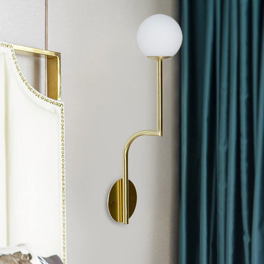 Minimalist Opal Glass Wall Sconce With Long Curved Arm - Single Bulb Lamp In Black/Gold