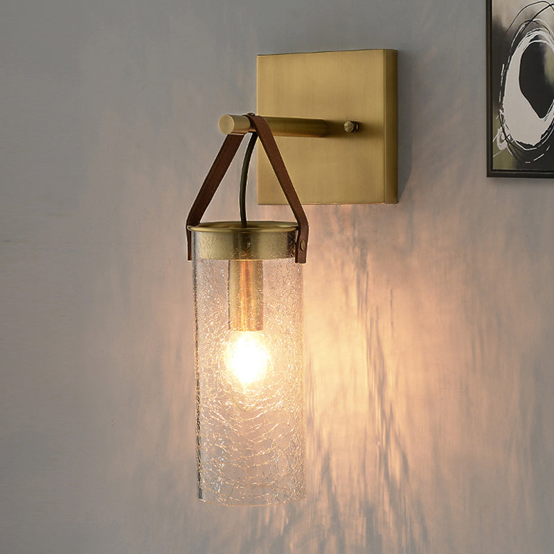 Postmodern Brass Wall Mounted Sconce With Clear Crack Glass - Stylish 1-Head Dining Room Lamp