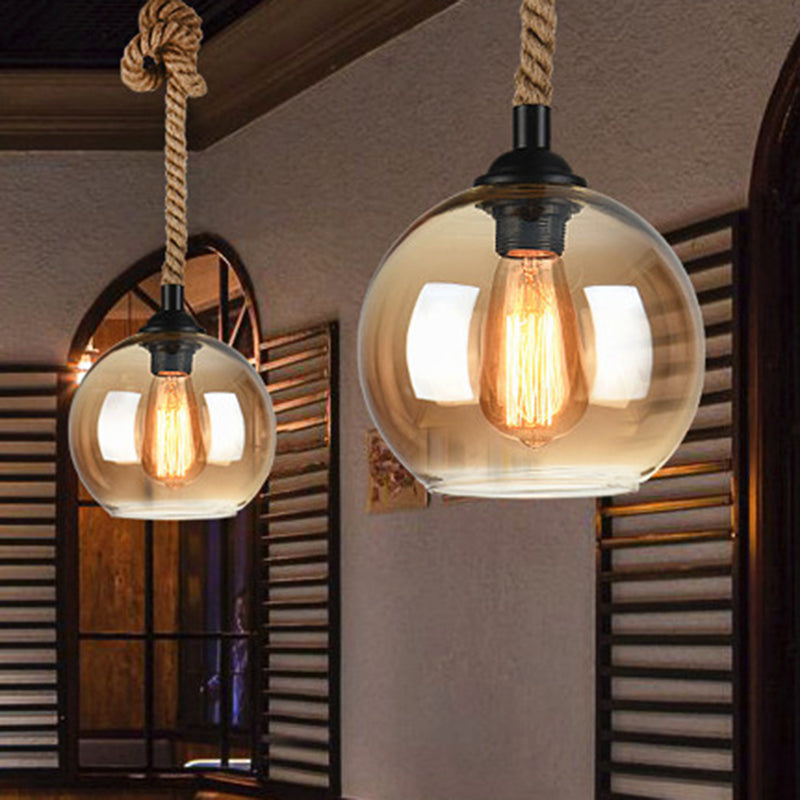 Industrial Glass Ball Pendant Lamp With Rope Rod - Amber/Clear 1 Head Restaurant Ceiling Lighting