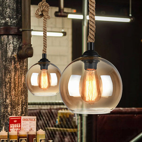 Industrial Amber/Clear Glass Ball Pendant Lamp for Restaurant Ceiling with Rope Rod