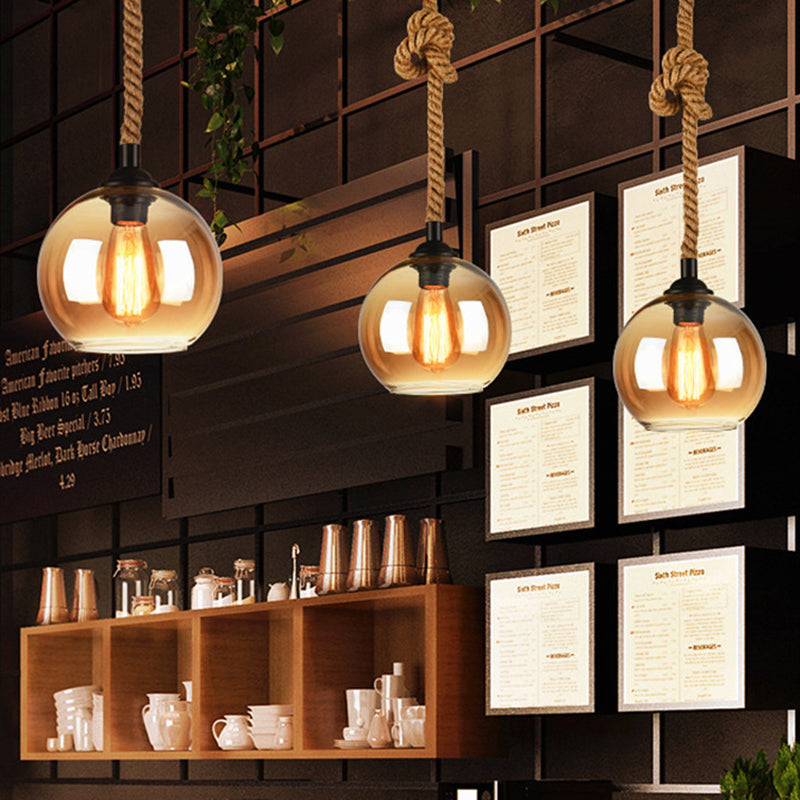 Industrial Amber/Clear Glass Ball Pendant Lamp for Restaurant Ceiling with Rope Rod