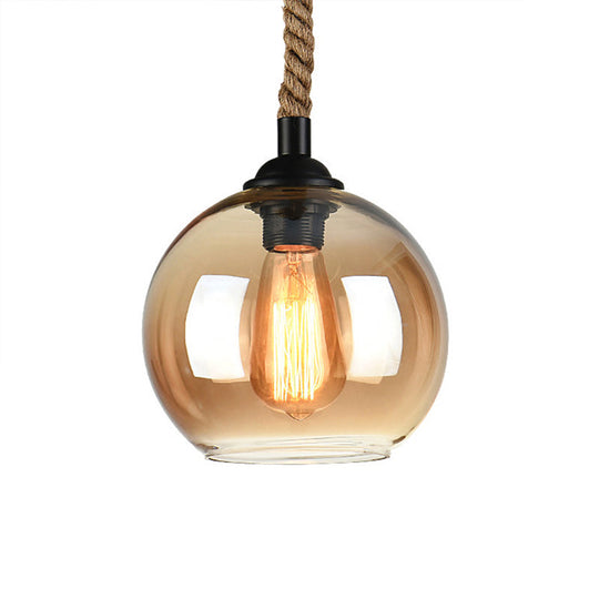 Industrial Amber/Clear Glass Ball Pendant Lamp for Restaurant Ceiling with Rope Rod