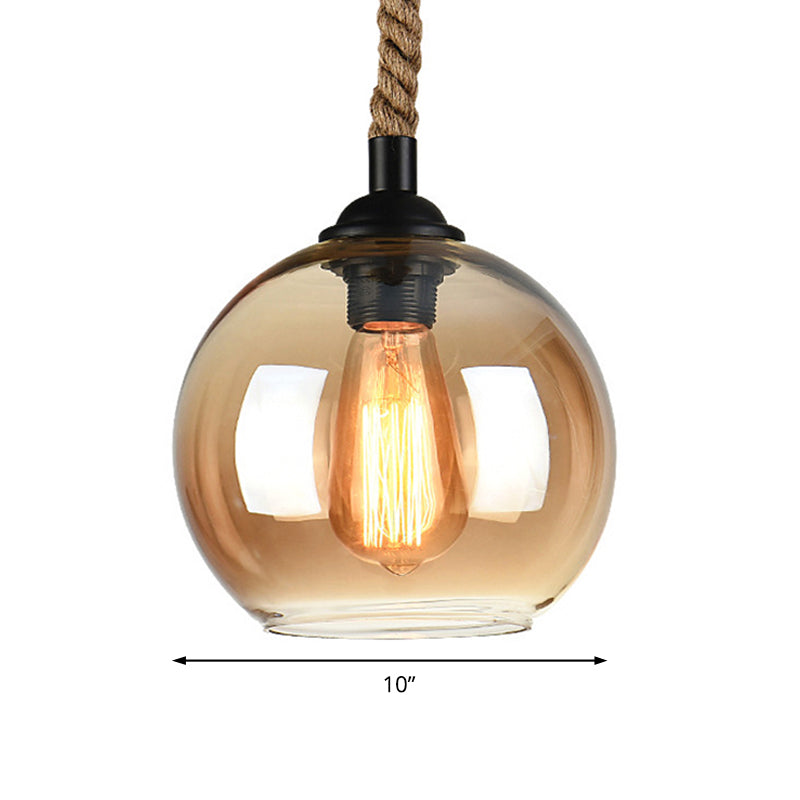 Industrial Amber/Clear Glass Ball Pendant Lamp for Restaurant Ceiling with Rope Rod