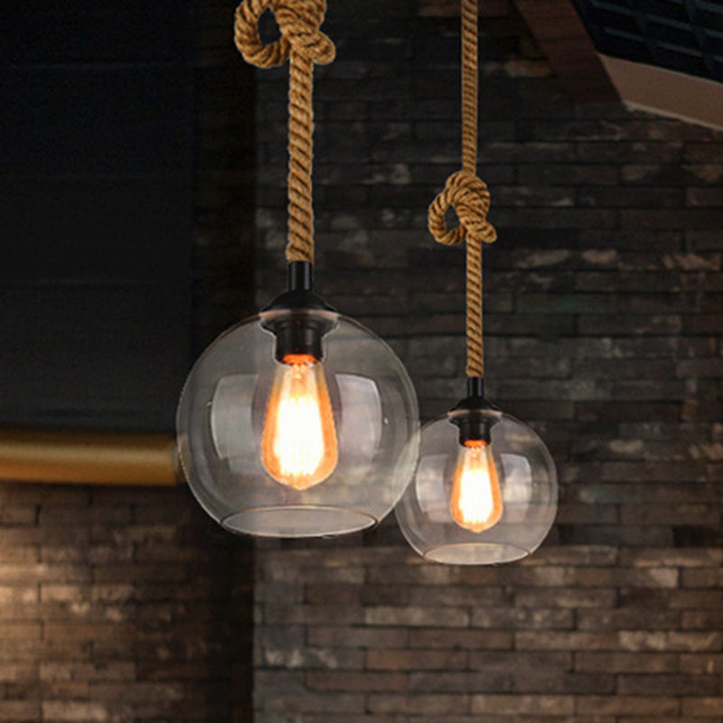 Industrial Glass Ball Pendant Lamp With Rope Rod - Amber/Clear 1 Head Restaurant Ceiling Lighting