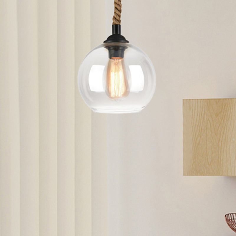 Industrial Amber/Clear Glass Ball Pendant Lamp for Restaurant Ceiling with Rope Rod