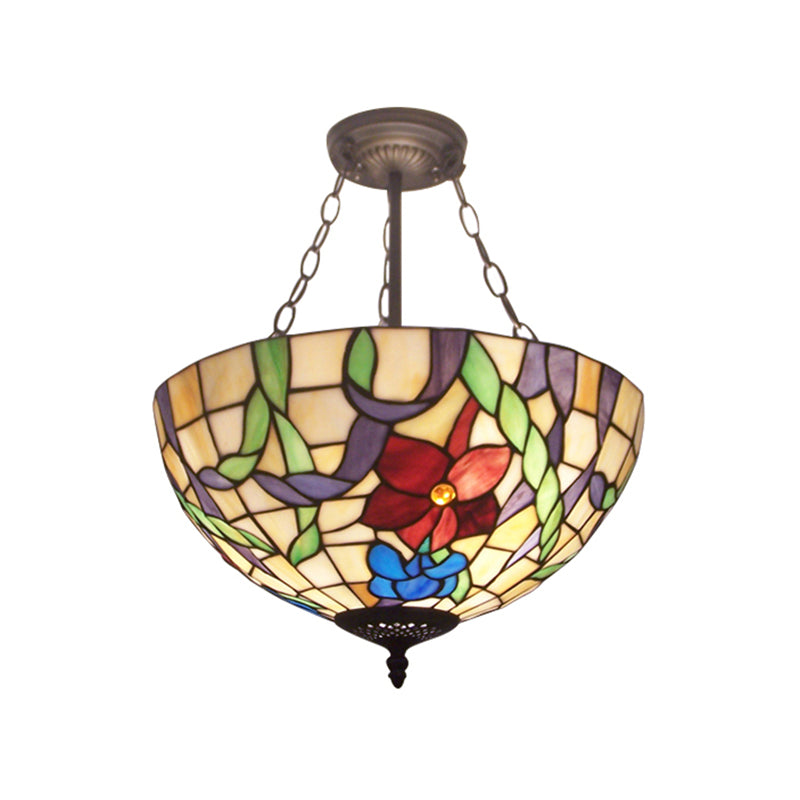 Flower Tiffany Rustic Stained Glass Chandelier for Foyer with Inverted Bowl Suspension Light