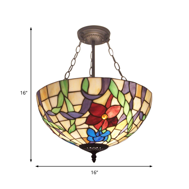 Flower Tiffany Rustic Stained Glass Chandelier for Foyer with Inverted Bowl Suspension Light