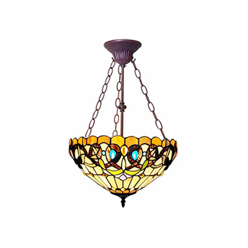 Yellow Stained Glass Tiffany Style Bedroom Chandelier - Victoria Design Inverted Hanging Light