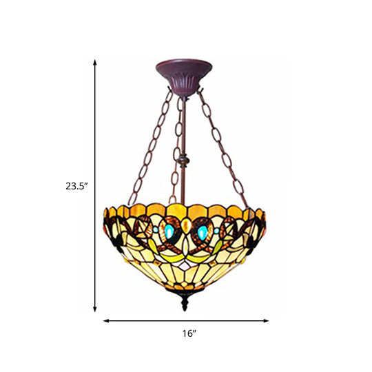 Yellow Stained Glass Tiffany Style Bedroom Chandelier - Victoria Design Inverted Hanging Light