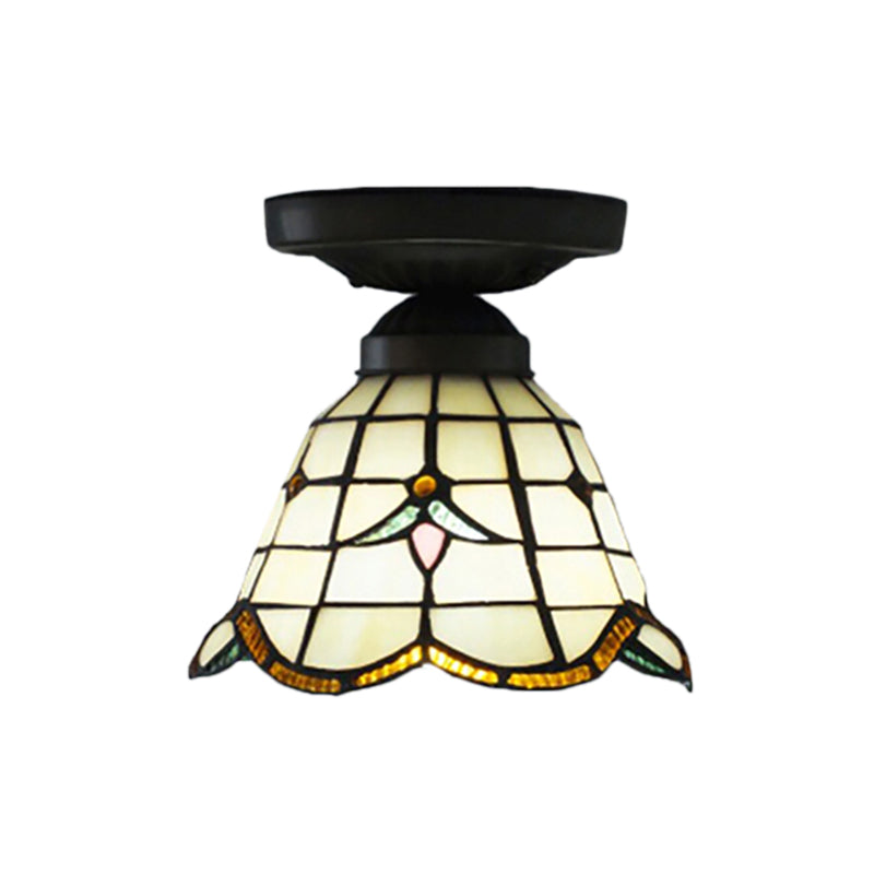 Tiffany Art Glass Dome Ceiling Light - White, 6"/7" Width, Flush Mount for Hallway