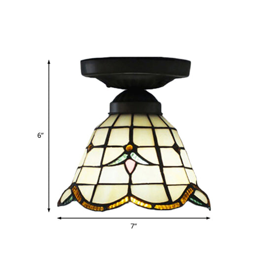 Tiffany Art Glass Dome Ceiling Light - White, 6"/7" Width, Flush Mount for Hallway