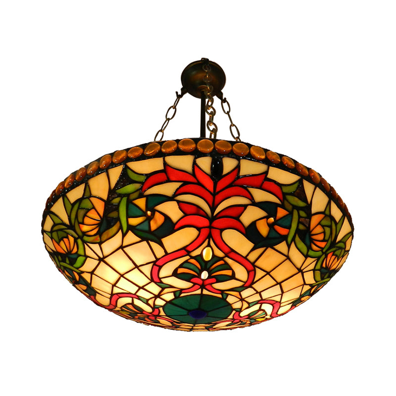 Antique Bronze Tiffany Style Chandelier: Stained Glass Shallow Bowl Hanging Light For Cloth Shop