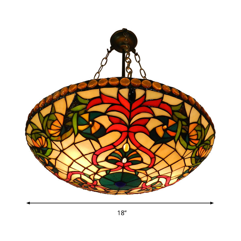 Antique Bronze Tiffany Style Chandelier: Stained Glass Shallow Bowl Hanging Light | Perfect for Cloth Shop