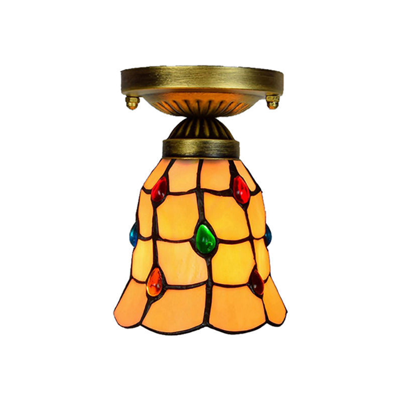 Tiffany Traditional Bell Ceiling Light with Jewelry Shell - Yellow Flush Mount Light for Hotels