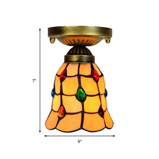 Tiffany Traditional Bell Ceiling Light with Jewelry Shell - Yellow Flush Mount Light for Hotels