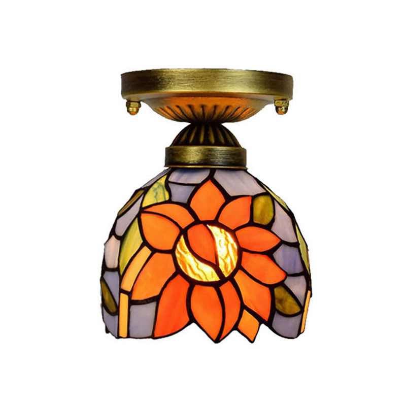 Rustic Orange 6-Inch Stained Glass Sunflower Ceiling Lamp - Flush Mount Ideal For Corridors