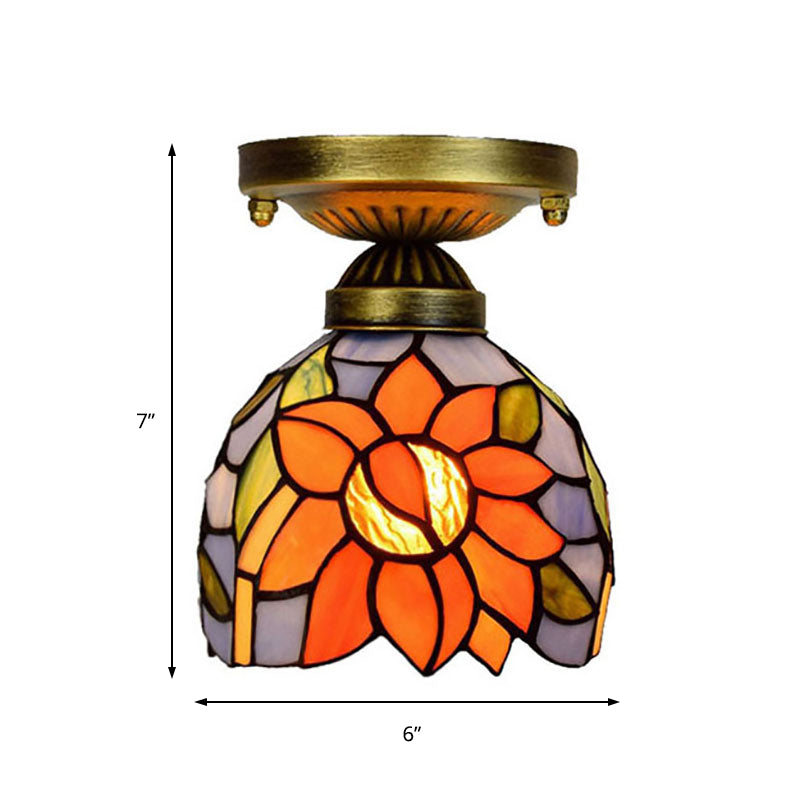 Rustic Orange Sunflower Stained Glass Flush Ceiling Light - 6-Inch, 1 Head - Ideal for Corridor