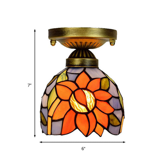 Rustic Orange 6-Inch Stained Glass Sunflower Ceiling Lamp - Flush Mount Ideal For Corridors