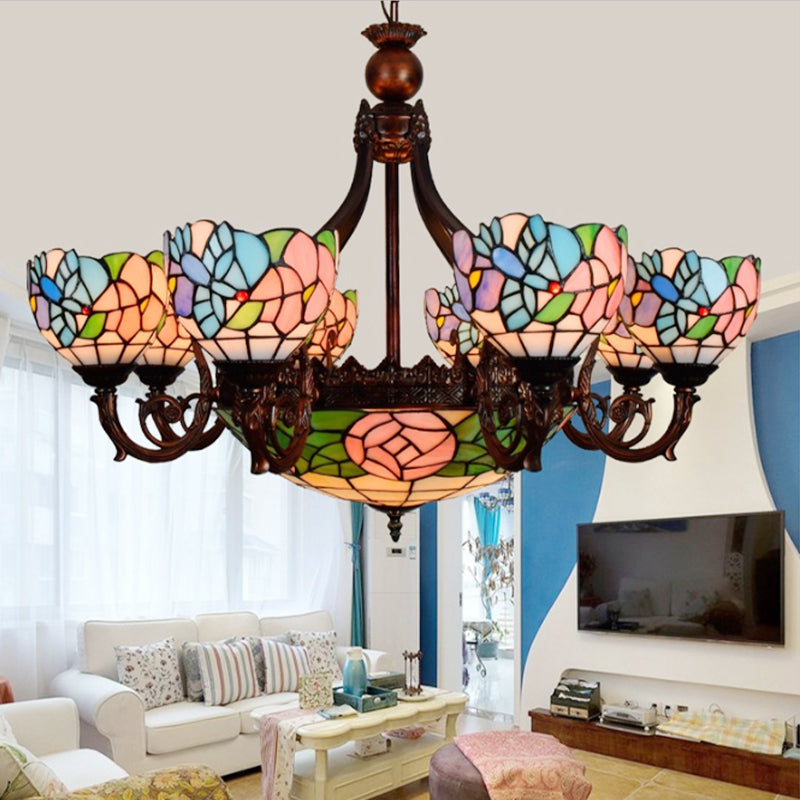 Rustic Tiffany Stained Glass Bird Chandelier - Multi-Head Pink Hanging Light For Villas