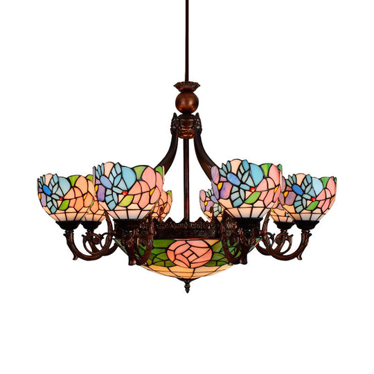 Rustic Tiffany Stained Glass Bird Chandelier - Multi-Head Pink Hanging Light For Villas