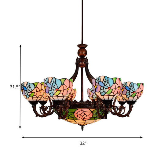 Rustic Tiffany Stained Glass Bird Chandelier - Multi-Head Pink Hanging Light For Villas