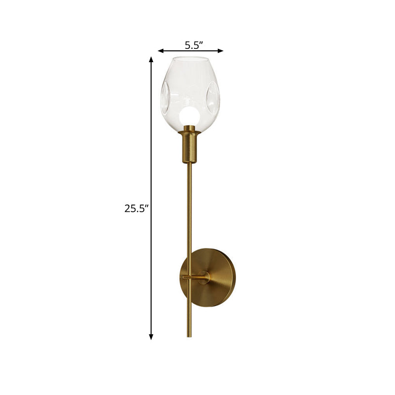 Minimalist Gold Sconce Wall Light With Clear Dimpled Cup And Pencil Arm For Hallway