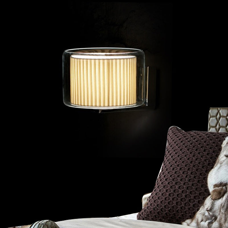 Modern Beige Drum Wall Lamp With Pleated Fabric Shade And Transparent Glass