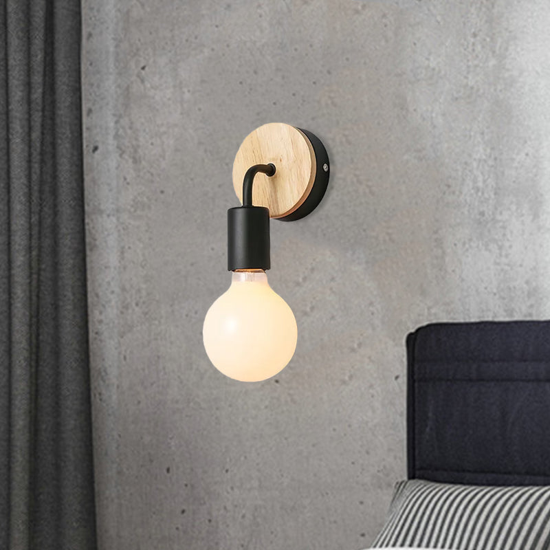 Iron Bend Rotatable Wall Lighting Minimalist Sconce - 1 Head Black/White-Wood With Exposed Bulb