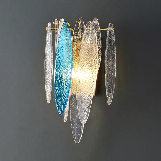 Stylish Blue/Clear Seedy Glass 2-Light Oval Flake Wall Sconce Lamp