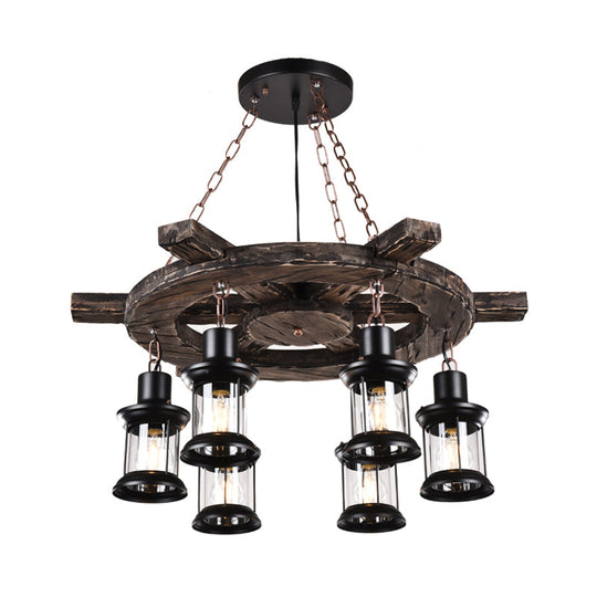 Clear Glass Drop Pendant Chandelier with Wood Rudder Deco - 6-Light Factory Black/Gray Kerosene Lighting