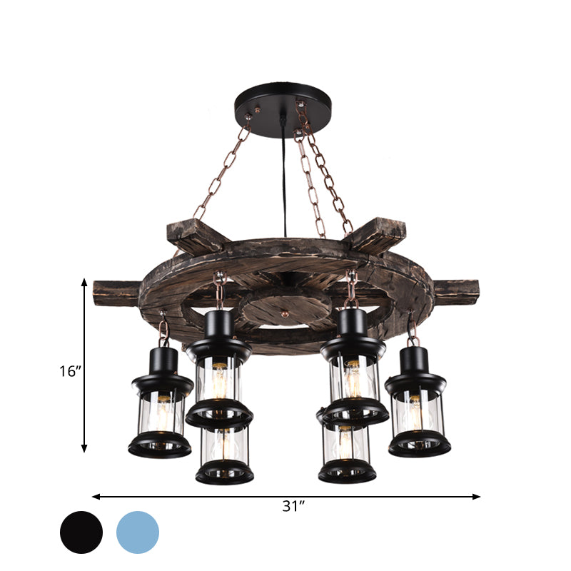 Clear Glass Drop Pendant Chandelier with Wood Rudder Deco - 6-Light Factory Black/Gray Kerosene Lighting