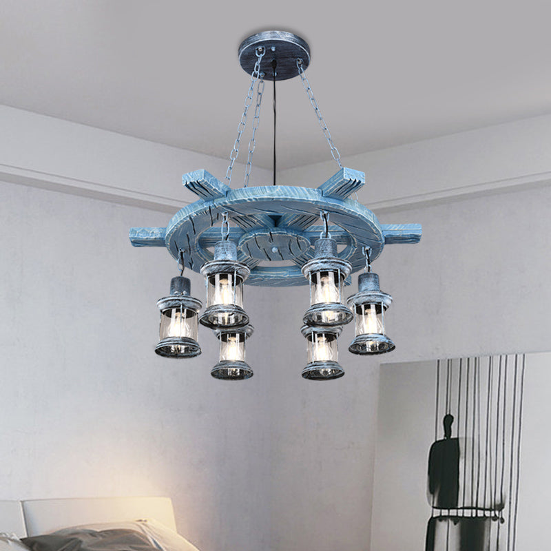 Clear Glass Drop Pendant Chandelier With 6 Lights: Factory Black/Gray Kerosene Design And Wood