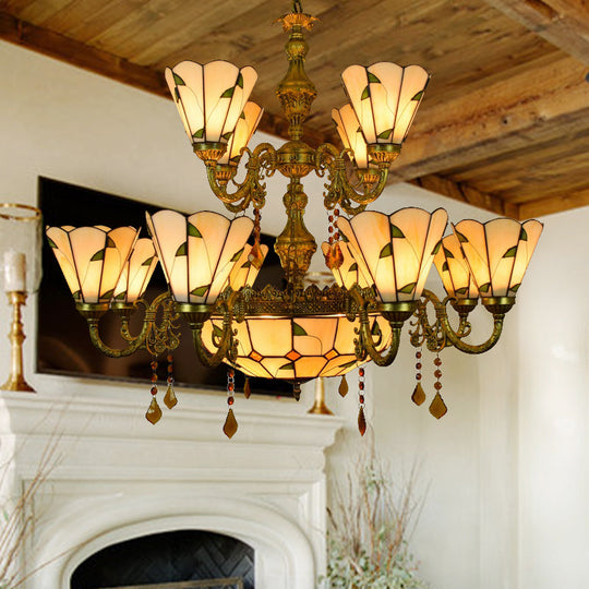 Tiffany Style Agate Leaf Chandelier in Antique Art Glass - 7/9/13 Lights - Beige - Ideal for Hotels