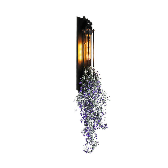 Farm Iron Tubular Cage Wall Light With 1-Head And Colorful Artificial Flower Accents