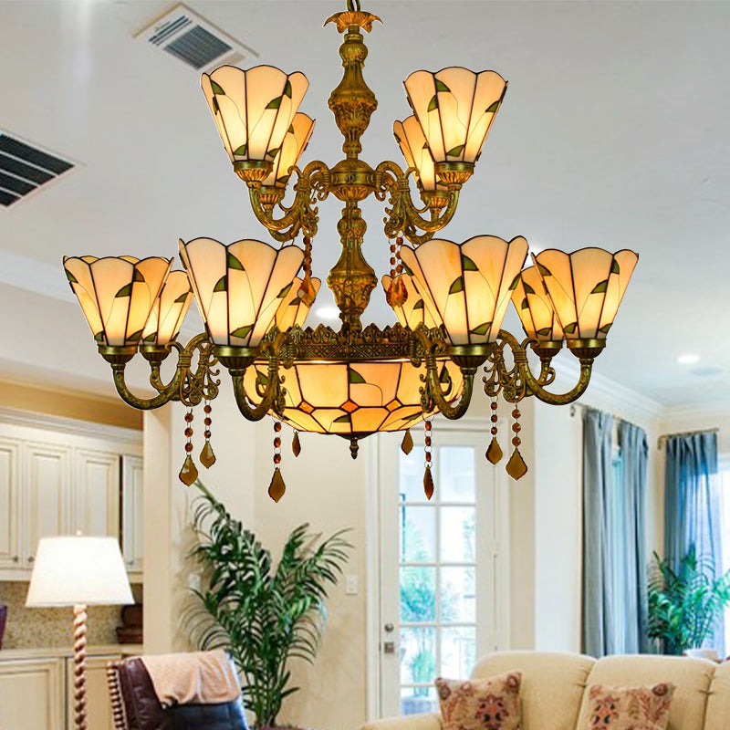 Agate Leaf Chandelier - 7/9/13 Lights Deco Tiffany Style Antique Art Glass Hanging Light Beige Hotel