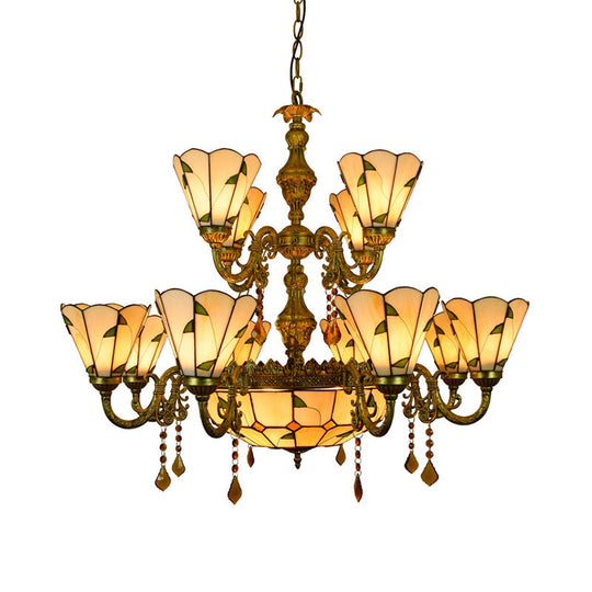 Tiffany Style Agate Leaf Chandelier in Antique Art Glass - 7/9/13 Lights - Beige - Ideal for Hotels