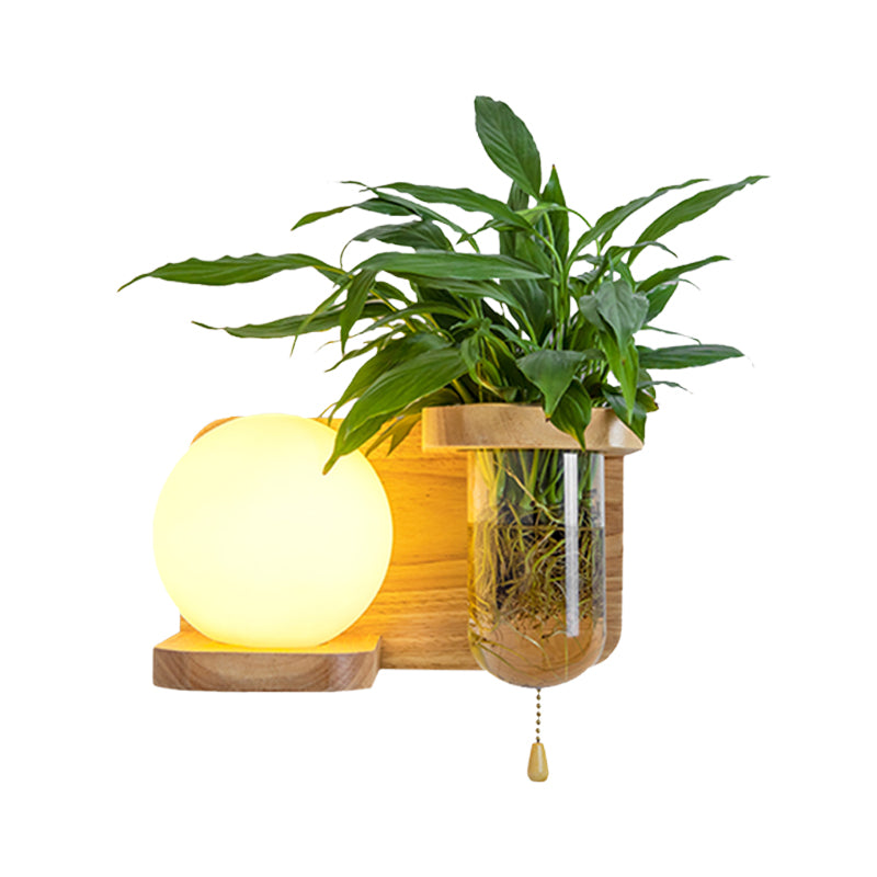 Nordic Cream Glass Wall Sconce With Wood Globe/Cylinder Design - Bedroom Light Plant Pot And Pull