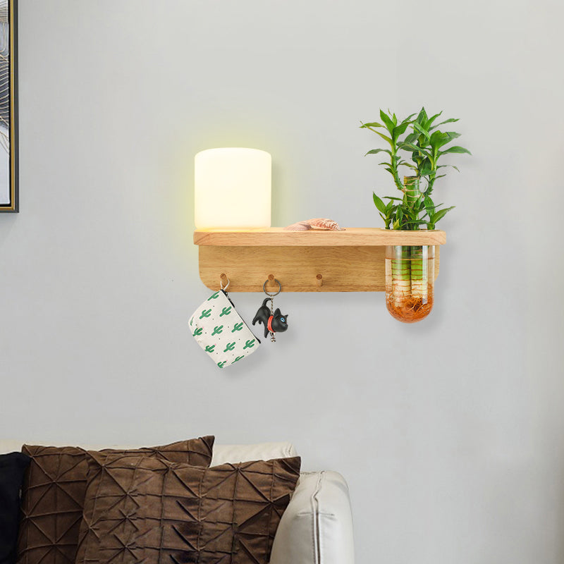 Frosted Glass Wood Wall Light With Plant Container: Industrial Sconce Lamp