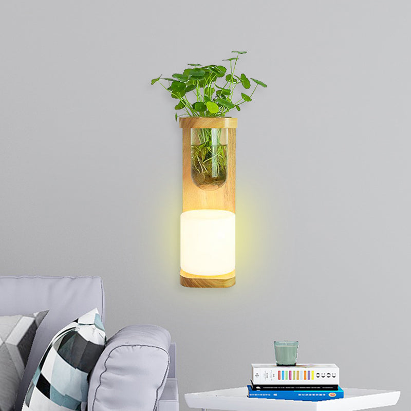 Nordic Wood Wall Sconce With Opal Glass Cylinder - 1-Head Light Fixture Featuring Clear Plant Cup